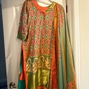Orange & Green Festive Suit Set + Silk-Look Dupatta (Gently Worn)